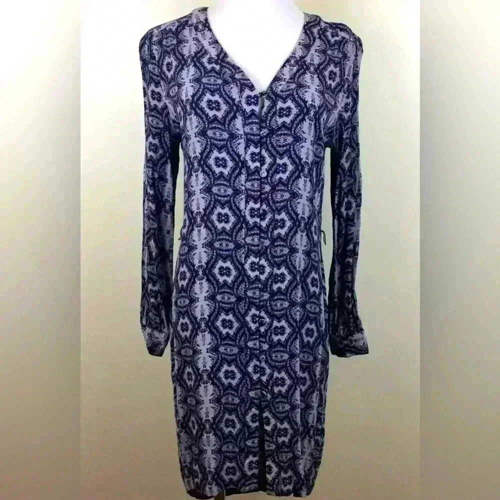CHARLIE JADE Womens Small Multi Color Print Long Sleeve V Neck Button Dress